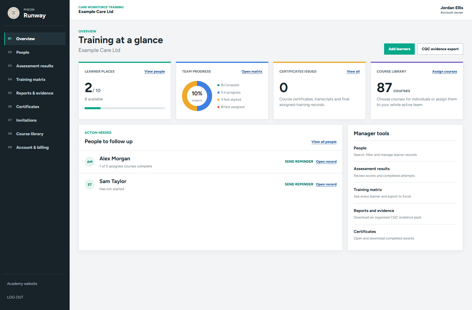 Pheon Runway manager dashboard showing team progress, assessments and certificates